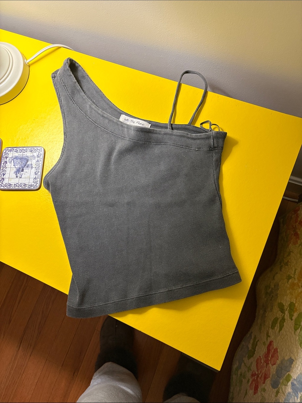 We The Free Asymmetrical One-Shoulder Ribbed Tank Top in Grey